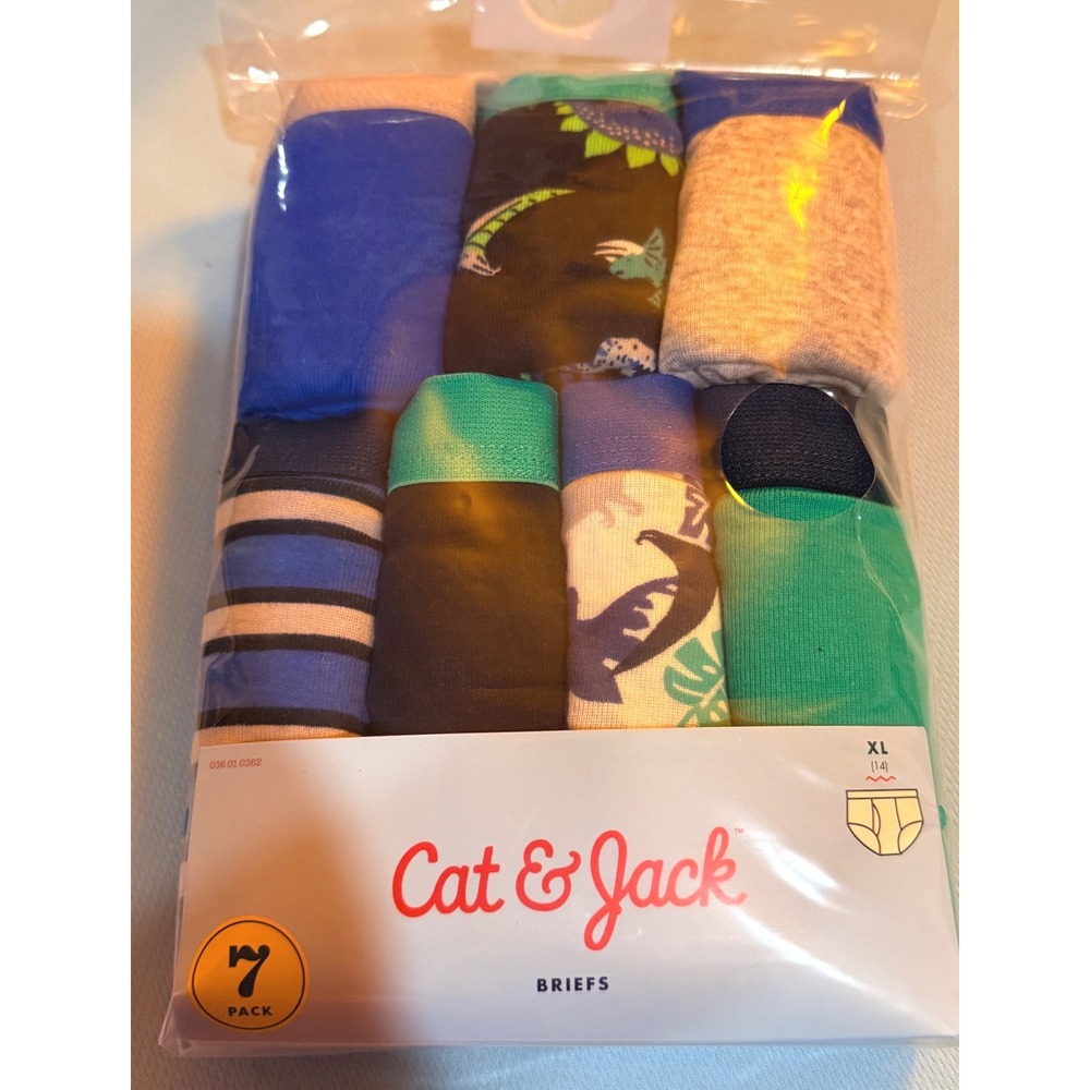 Cat & Jack Briefs Kids XL 14 NEW 7 Pack Dinosaur Stripes Blue Green Cotton